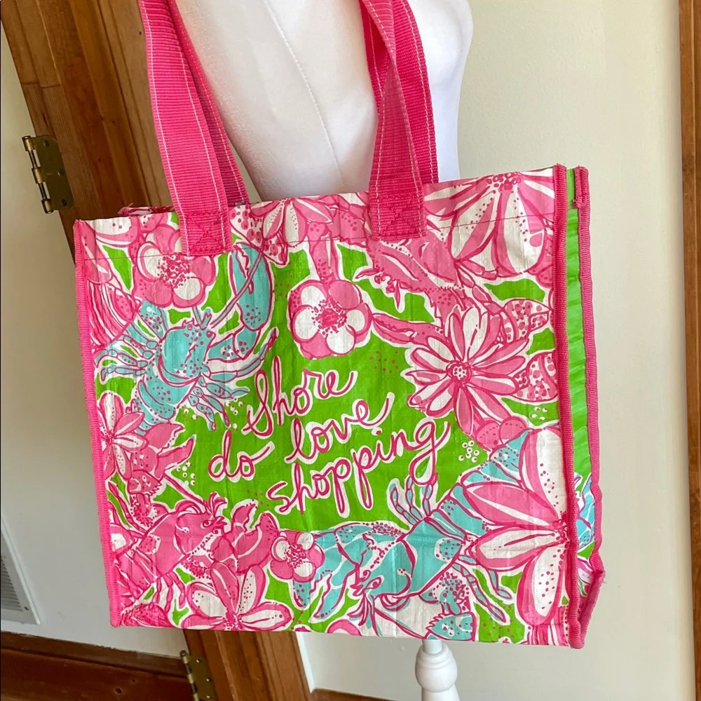 LILLY PULITZER Shore do love shopping Pink and Green Floral Market Eco Tote
